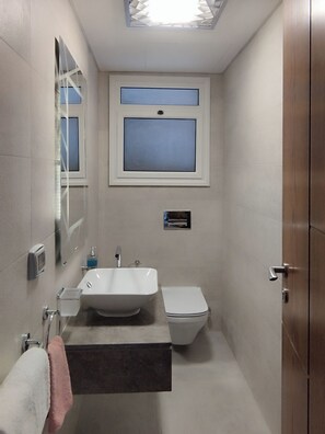Shower, hair dryer, towels, soap