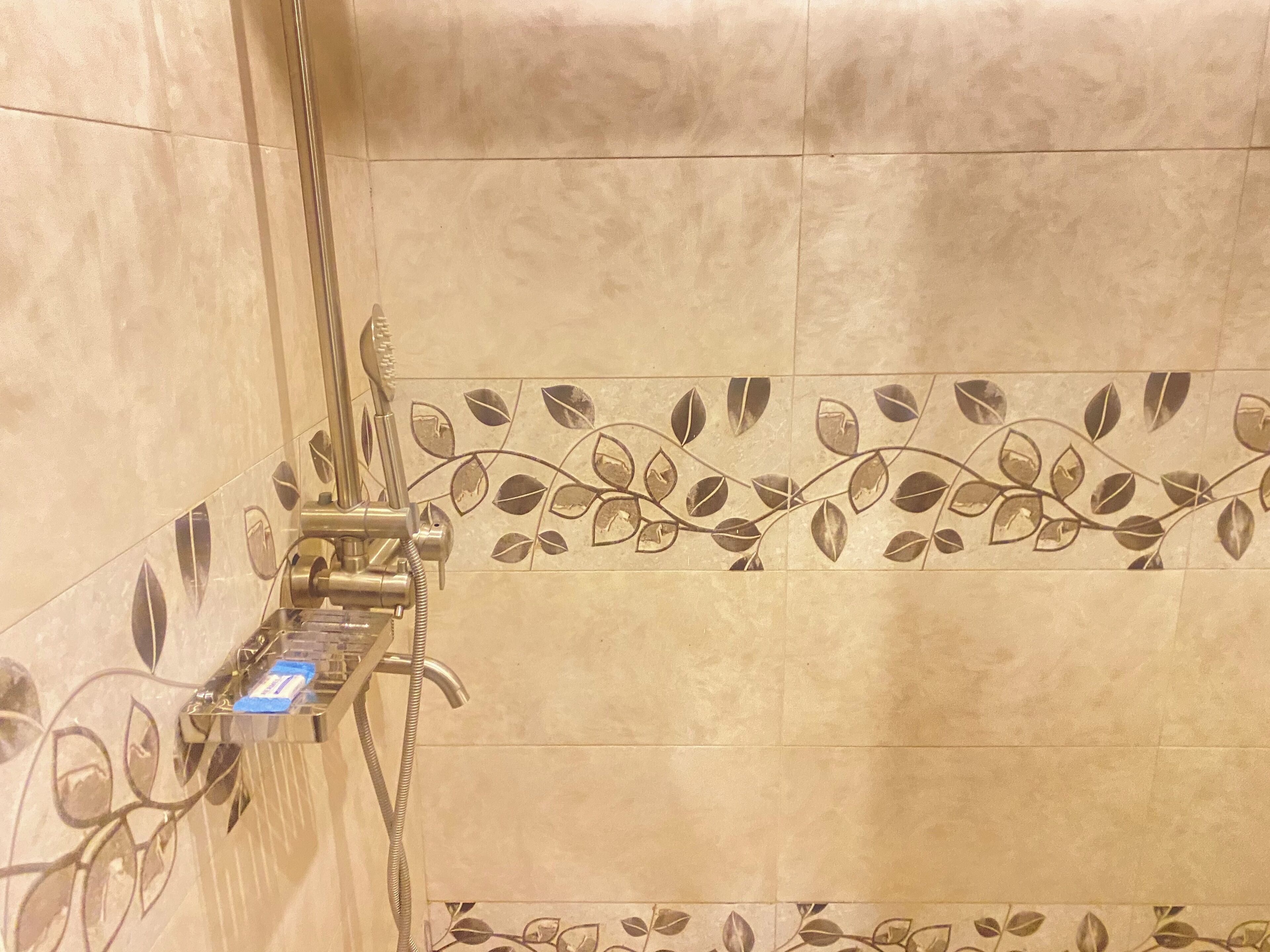 A shower area with a handheld showerhead and a wall-mounted control panel.
