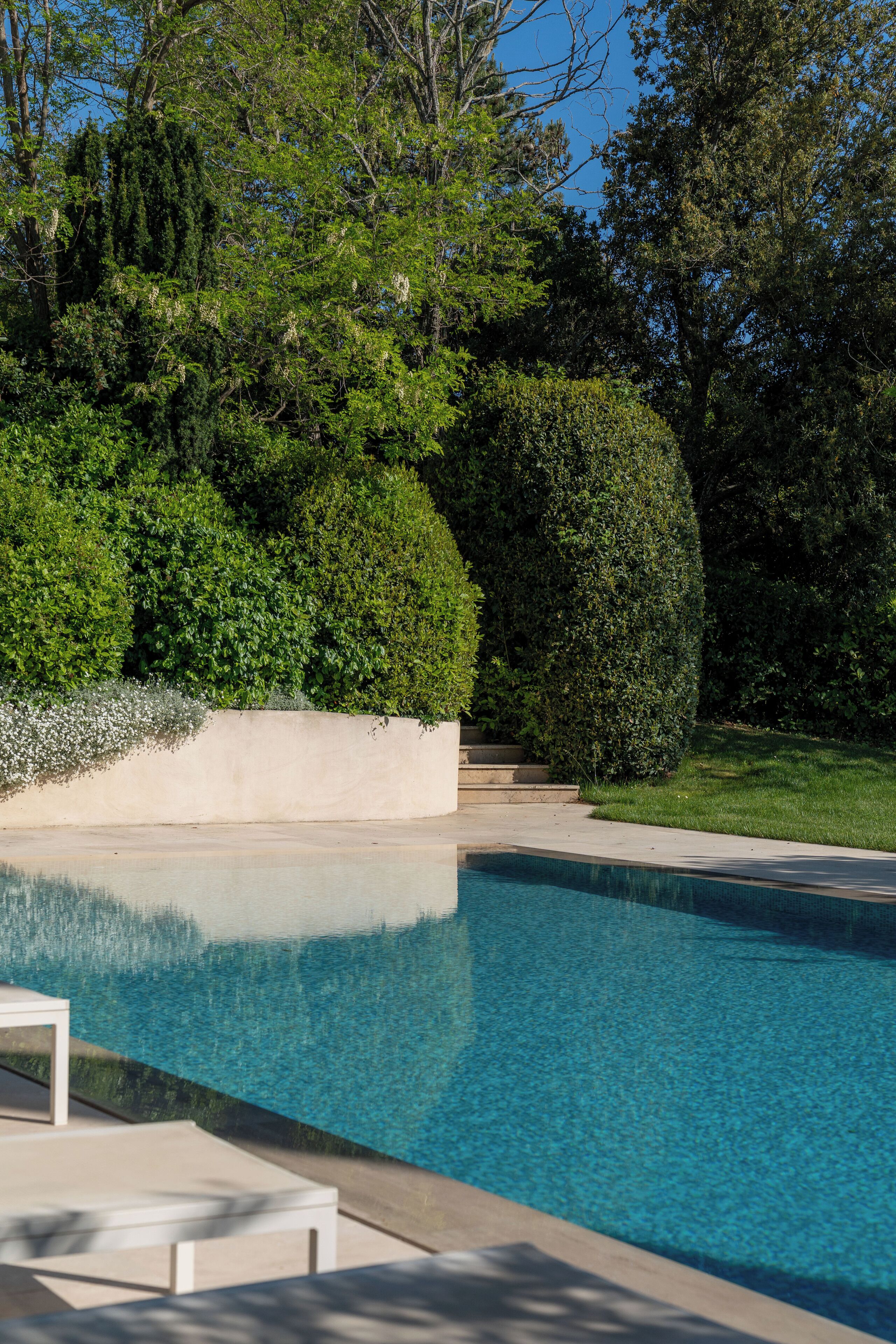 Une piscine à l’eau d’un bleu limpide, entourée d’une végétation bien entretenue et dotée d’une terrasse en béton.