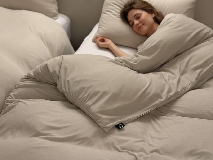 A bed with a person lying in a beige blanket.