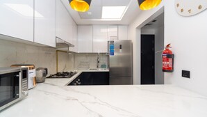 Private kitchen - 2-bedroom ensuites,  apartment in charming Dubai with fitness room, AC, WiFi (Dubai south)