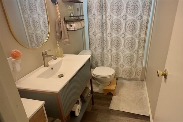 A compact bathroom with a sink, toilet, and a shower curtain. - Wagon Creek Ranch Your Private Retreat in Nature (Mount Shasta)