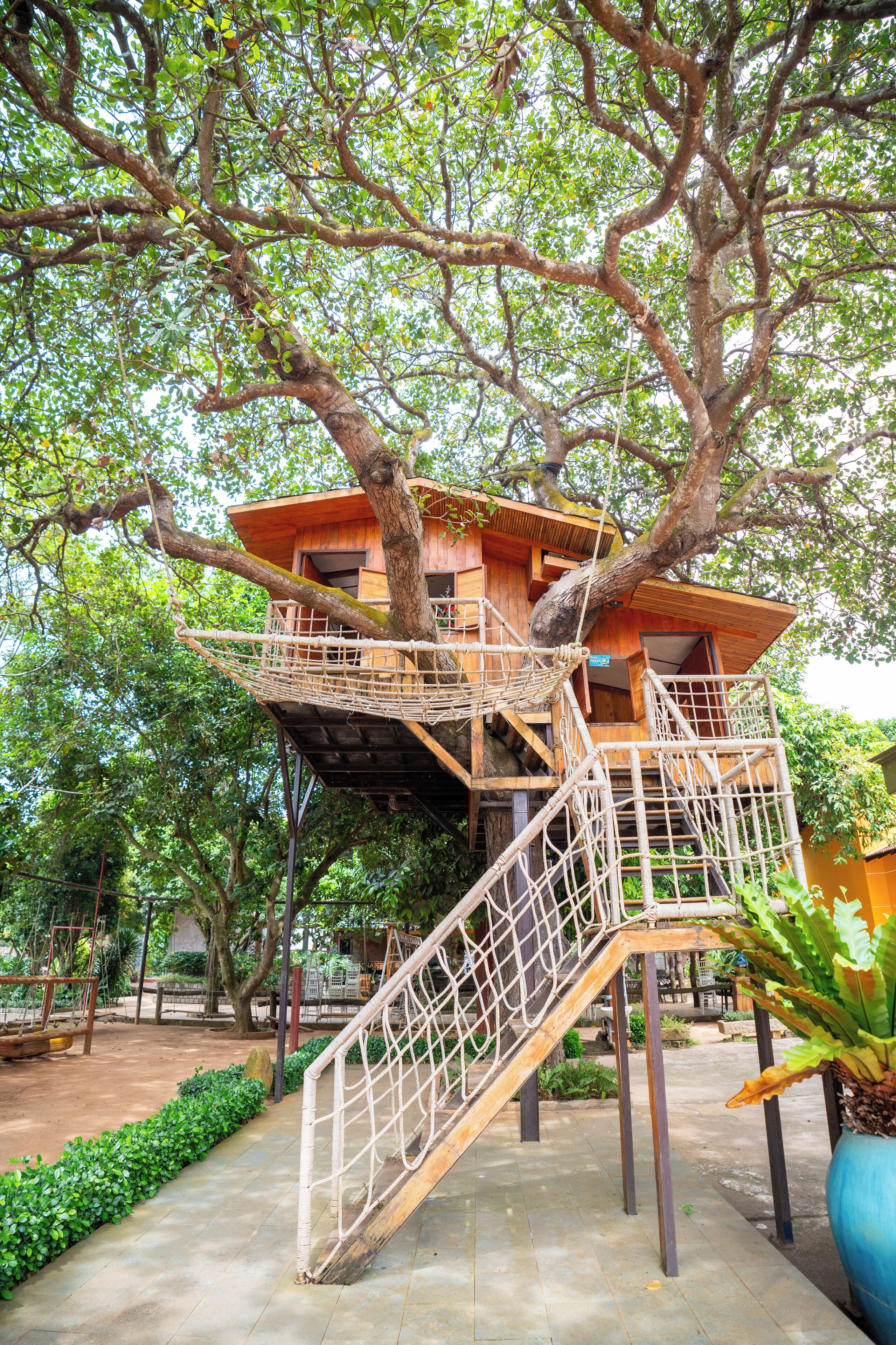 Panorama boomhut, uitzicht op tuin | Terras