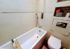 Hair dryer, towels, soap, toilet paper