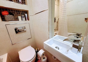 Hair dryer, towels, soap, toilet paper