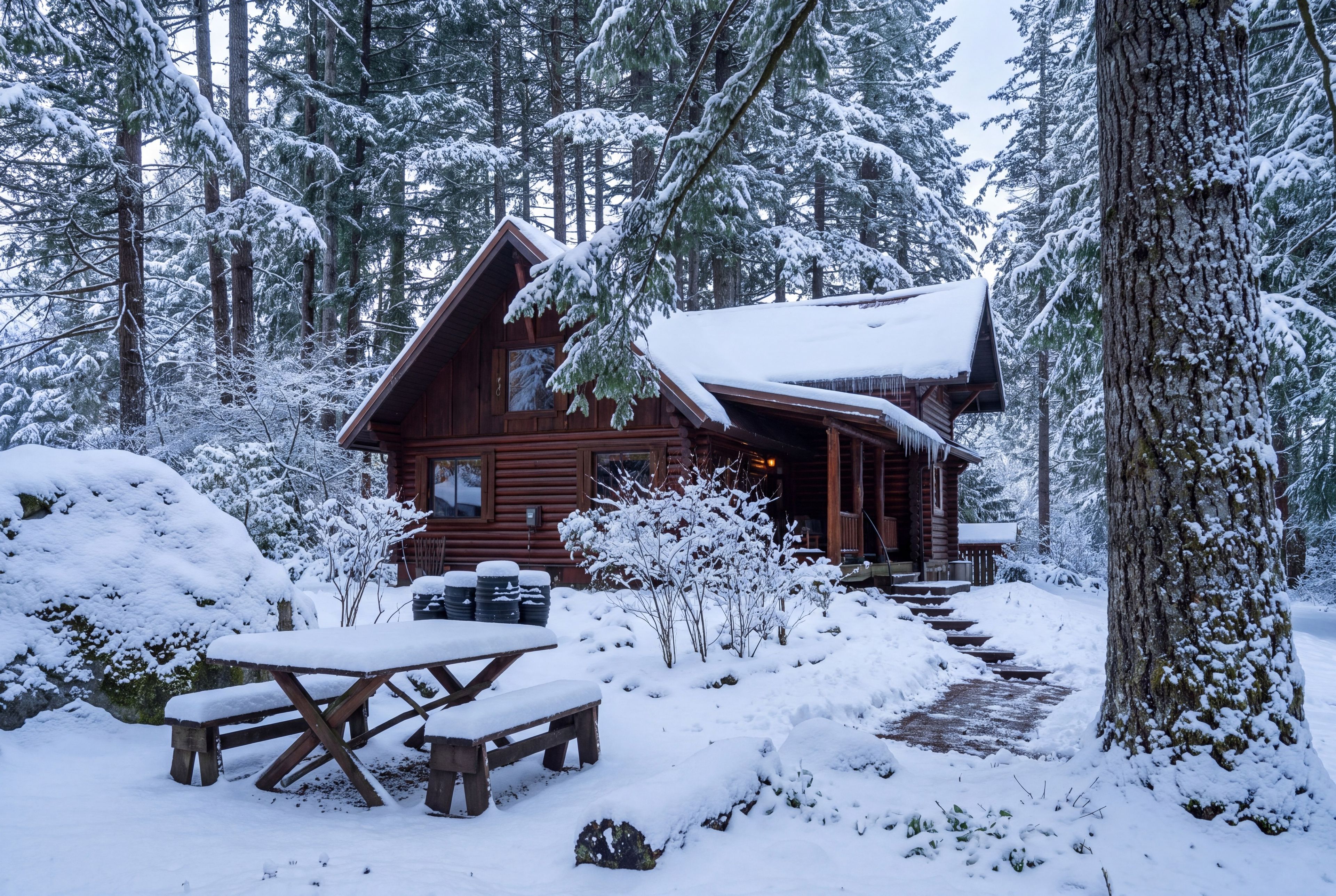 A wooden cabin surrounded by snow-covered trees.