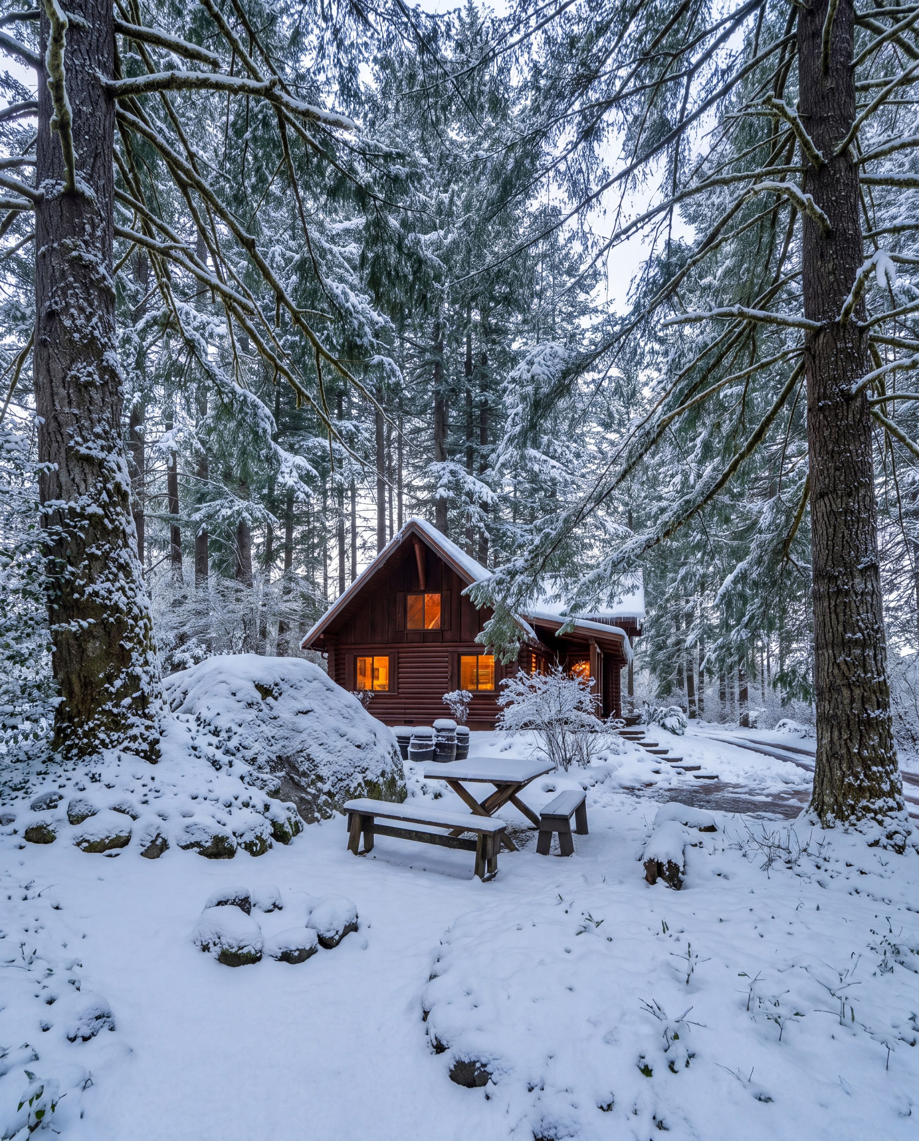 A cabin surrounded by snow-covered trees, with a wooden deck and picnic table in the foreground.