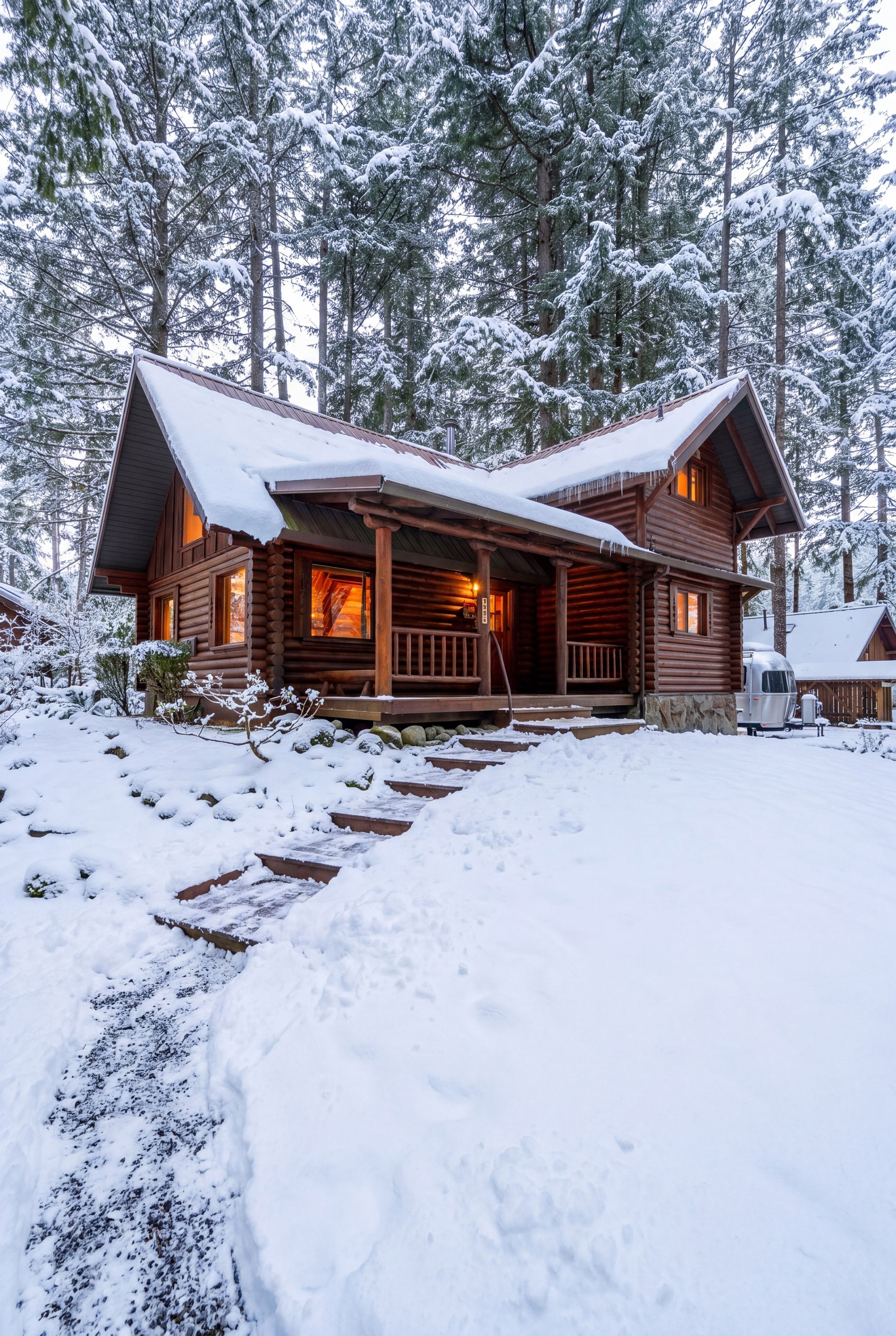 A log cabin with a porch, surrounded by snow-covered trees.