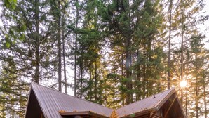 Une cabane rustique en rondins de bois, dotée d’un porche et entourée d’une forêt aux couleurs automnales.