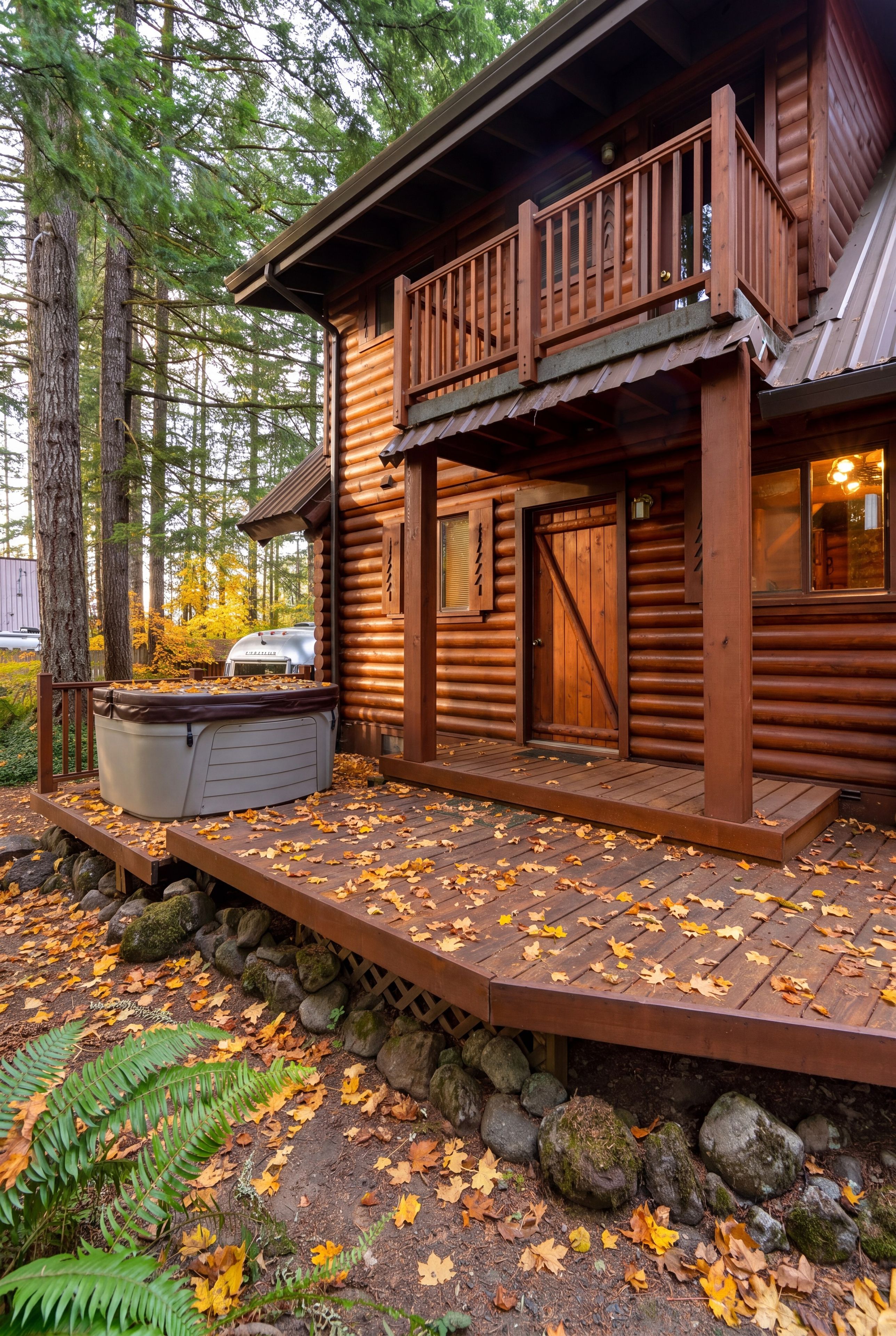 A log cabin with a wooden deck, a hot tub, and a stone wall.
