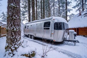 Un camping-car est stationné dans une zone boisée enneigée, avec une clôture en bois et un bâtiment en bois en arrière-plan.