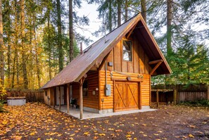Een vakantiehuis in blokhutstijl met schuin dak, een veranda en een grote houten deur.