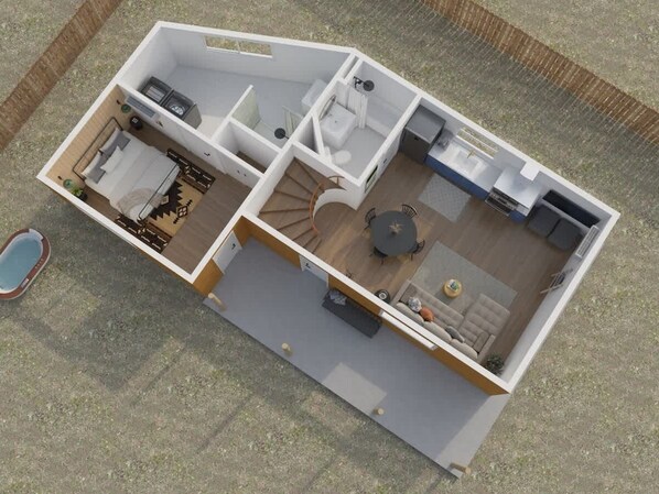 Een twee verdiepingen tellend huis met een slaapkamer, badkamer, keuken, eetgedeelte en een klein terras.