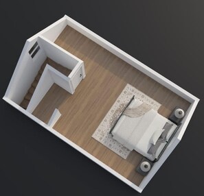 Een 3D-model van een kamer met een bed, een nachtkastje en een kleine zithoek.