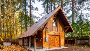 Eine Blockhütte mit Metall-Dach, Holzfassade und einer großen Garagentür.