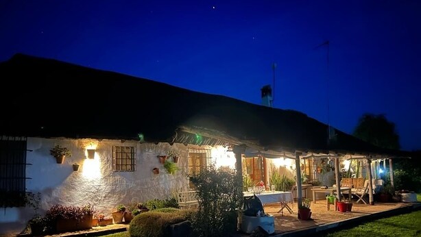 A cozy, well-lit cottage-style building with a patio area, surrounded by greenery and potted plants.