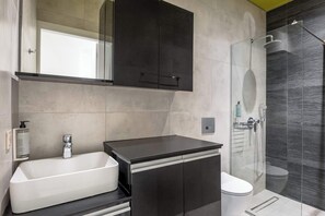 Shower, hair dryer, towels, soap