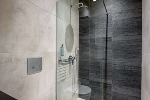 Shower, hair dryer, towels, shampoo