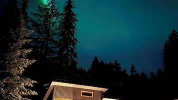 A two-story building with a snow-covered ground, a staircase leading to the entrance, and a view of the night sky with the aurora borealis.