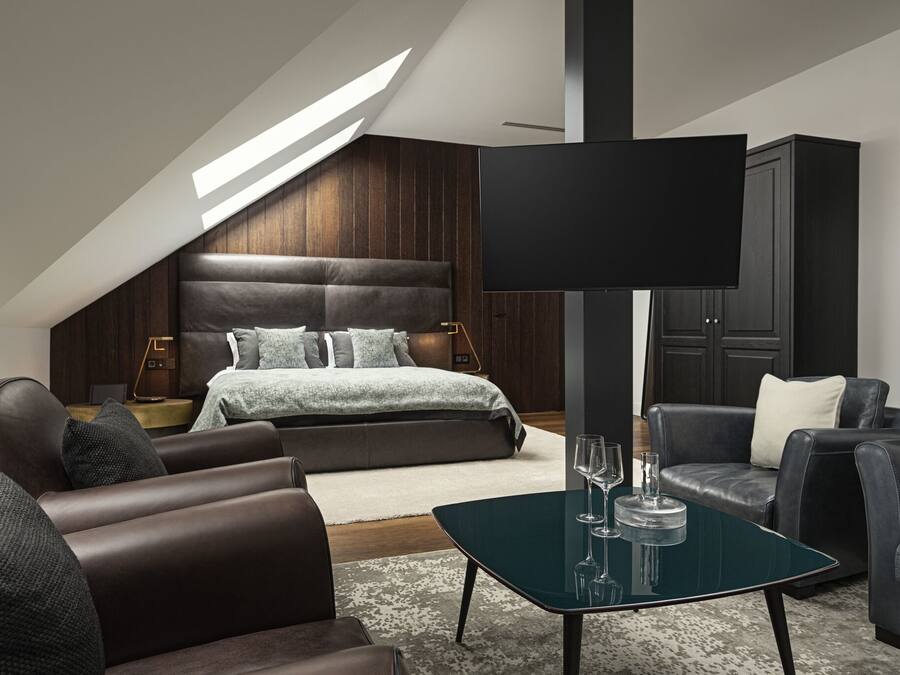 A modern bedroom with a large bed, dark wood paneling, a flat-screen TV, leather furniture, and a skylight.