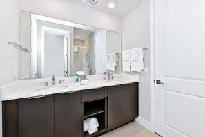 Hair dryer, towels, soap, toilet paper