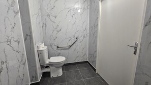 A bathroom with a toilet, a handrail, and a door. - Kyriad ECO - Tours Nord (Parcay-Meslay)