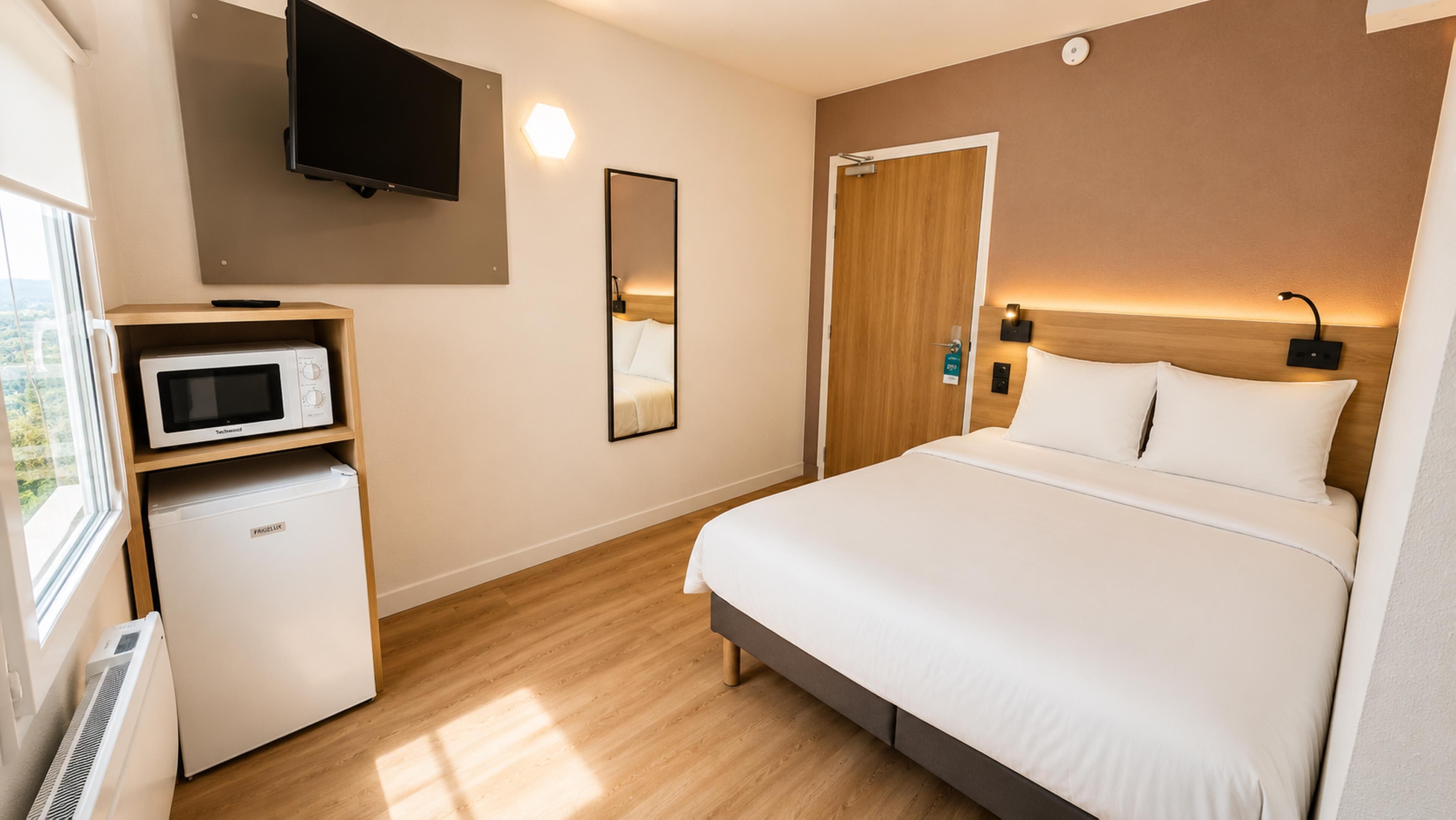 Habitación de hotel con cama, televisor montado en la pared, microondas y refrigerador pequeño.