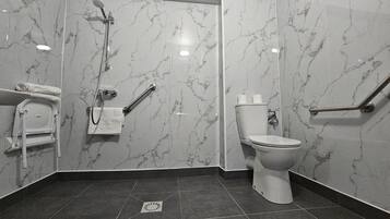 A bathroom with a toilet, a shower, and a handrail.