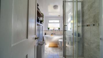 Hair dryer, towels, soap, shampoo