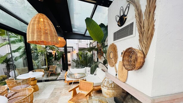Un intérieur moderne avec des meubles en osier, une cheminée et de grandes fenêtres donnant sur un espace verdoyant.