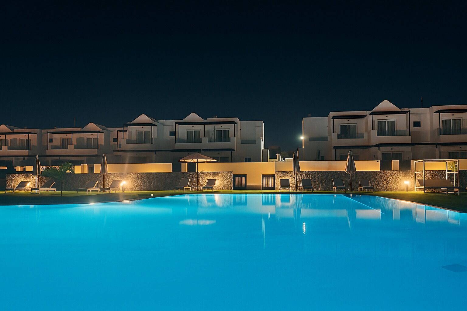A nighttime view of a hotel with a swimming pool, multiple balconies, and outdoor seating areas.