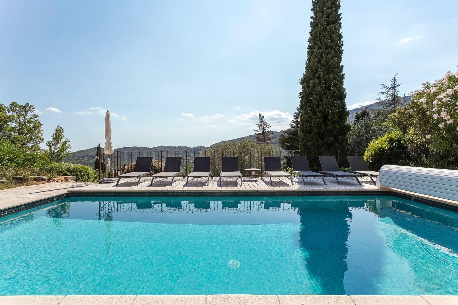 A clear blue pool with lounge chairs and a tall tree, surrounded by greenery and a mountain view.