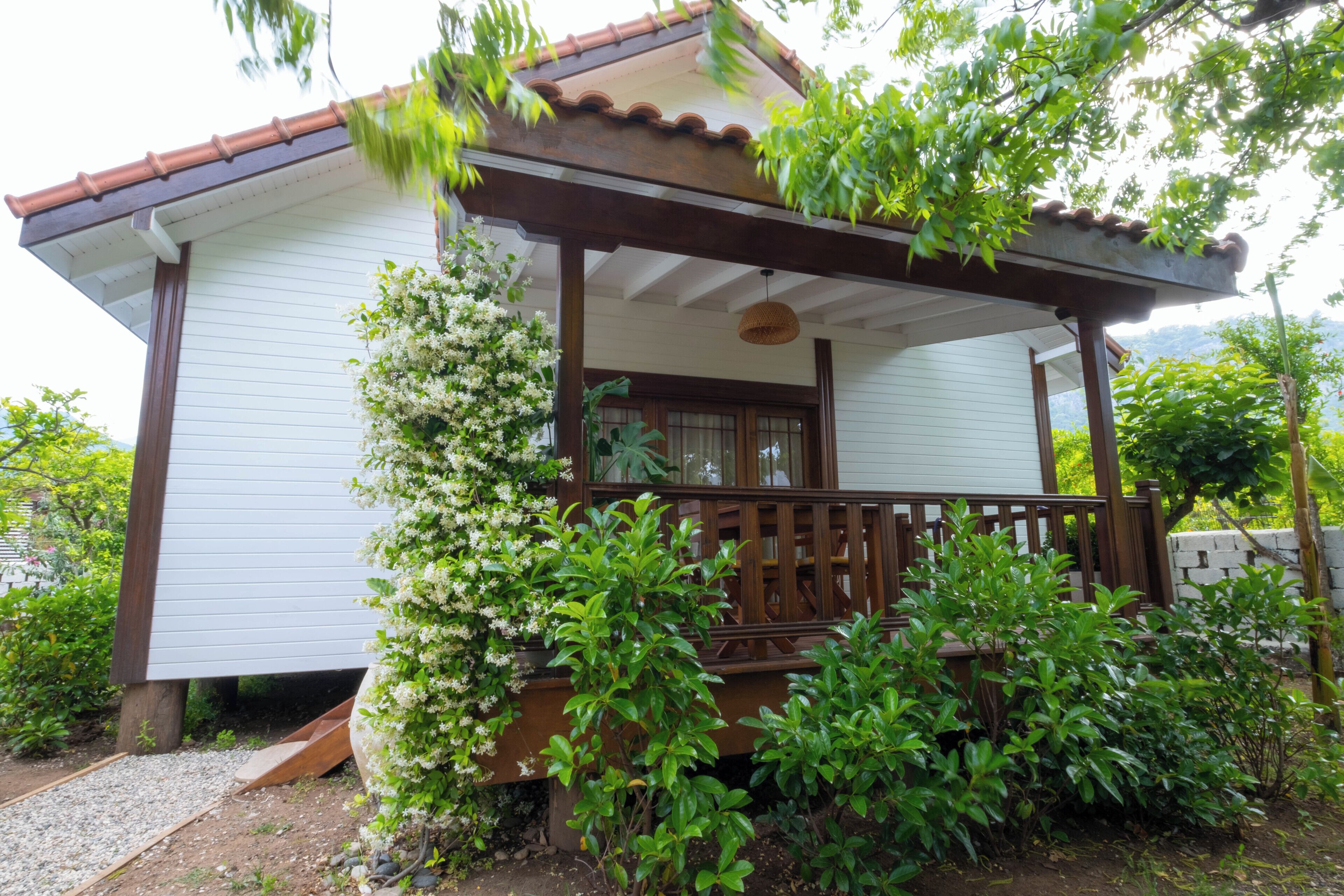 A small house with a porch, surrounded by greenery.