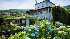 A two-story house with a balcony, surrounded by lush greenery and blue hydrangea flowers. - Casas da Memória (Tarouca)