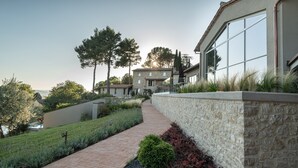 Una casa moderna con un vialetto in pietra che conduce a un'ampia vetrata.