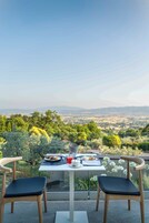 Una mesa con alimentos para el desayuno y un vaso de jugo rojo, con vistas a un paisaje pintoresco con árboles y montañas lejanas.
