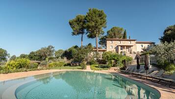 Seasonal outdoor pool, pool umbrellas, sun loungers