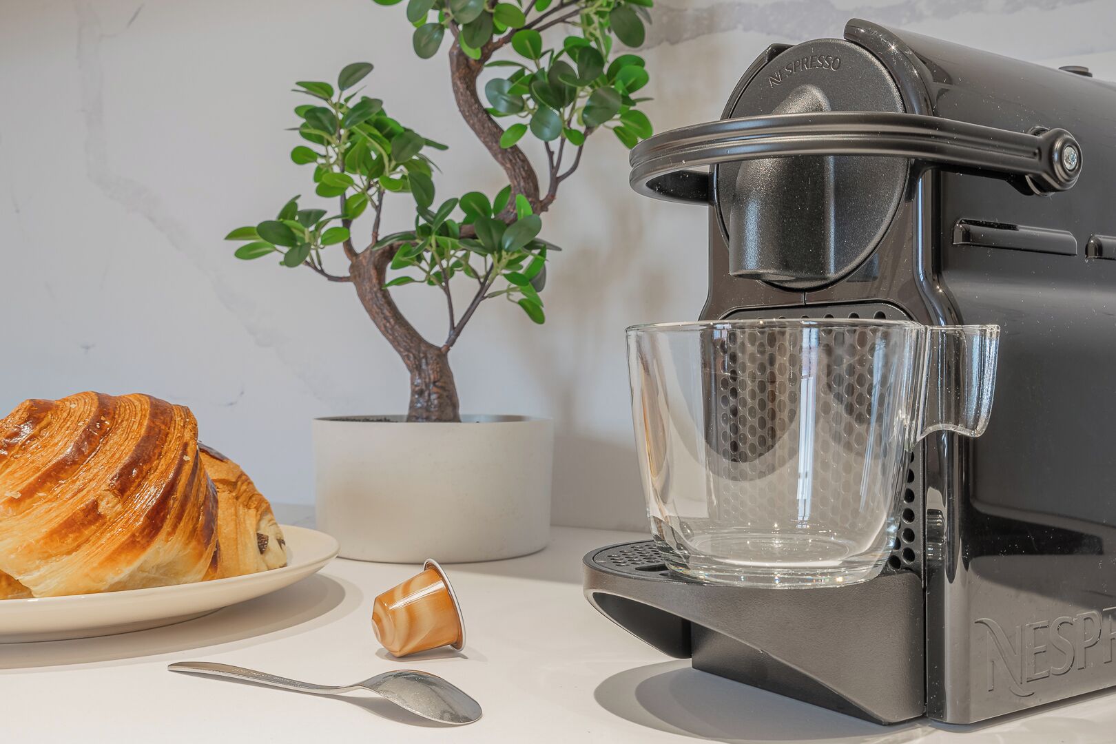A Nespresso coffee machine with a clear glass carafe, a croissant on a plate, a spoon, and a potted plant.