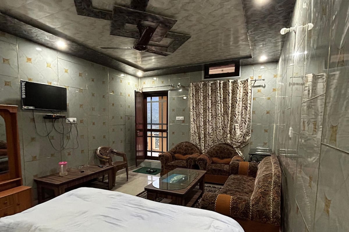 A hotel room with a bed, a sofa, a television, and a shower area.