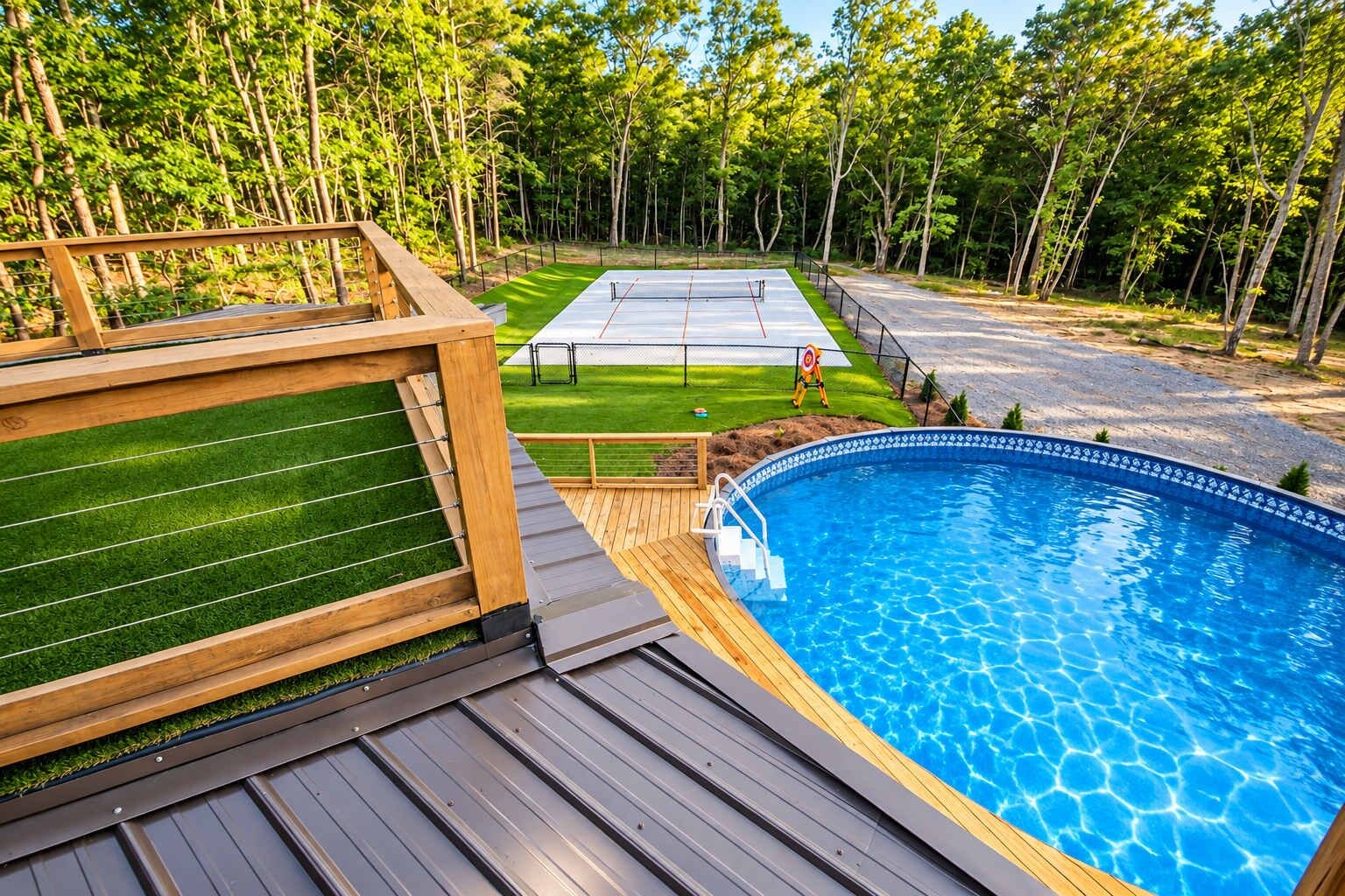 A swimming pool with a wooden deck and a grassy area with a tennis court.