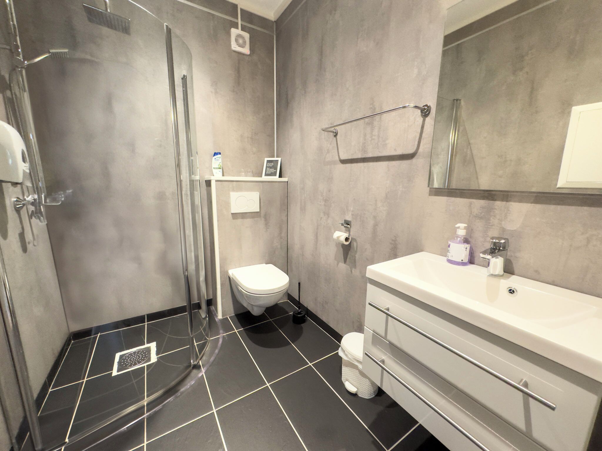 A modern bathroom with a glass shower enclosure, a toilet, and a vanity with a mirror.