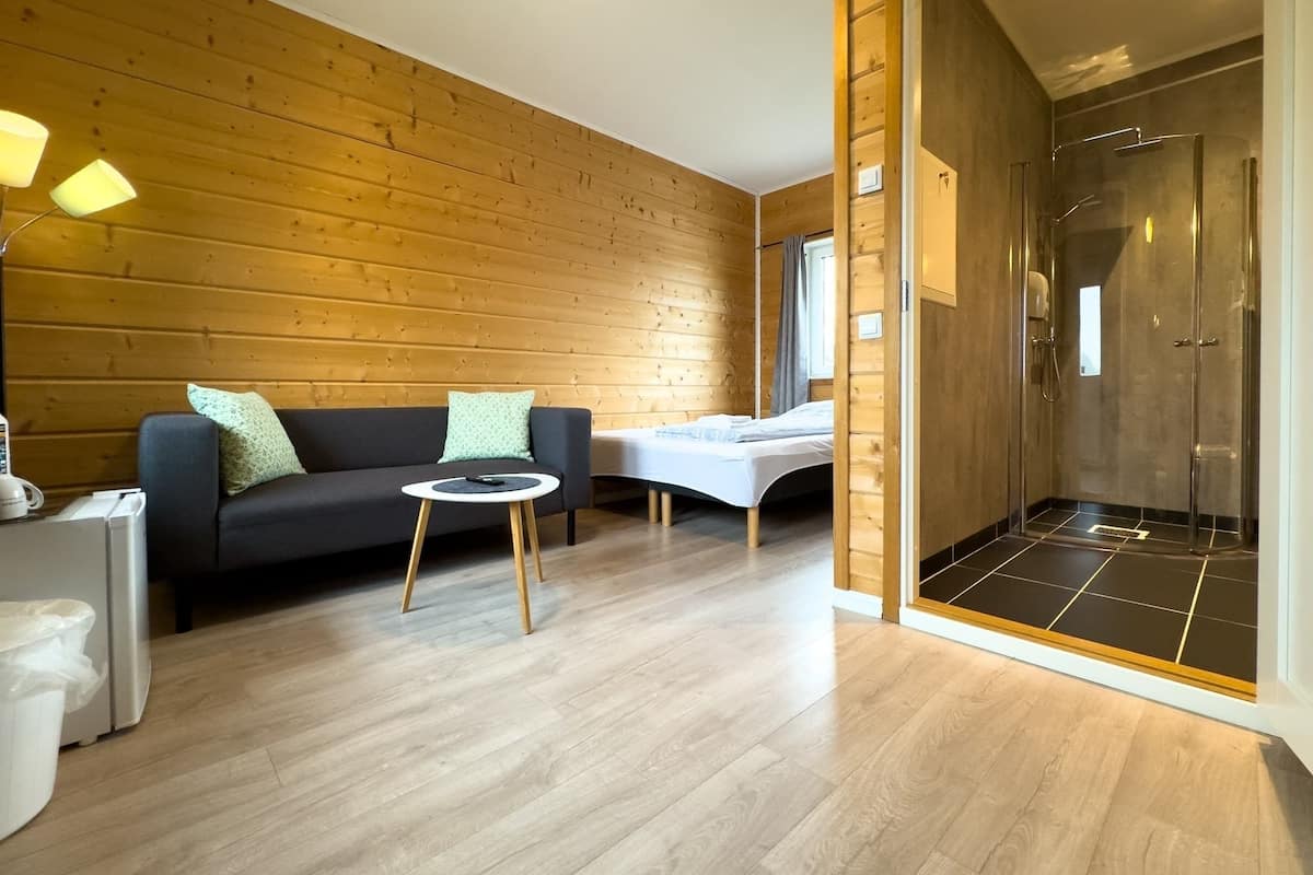 A modern room with a wooden wall, a sofa, a small round table, a bed, and a glass-enclosed shower area.