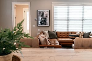 TV, fireplace, books, offices