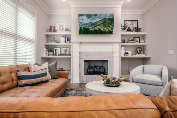 TV, fireplace, books, offices