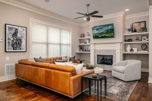 Télévision, cheminée, livres, espaces bureaux