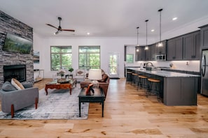 TV, fireplace, books, offices