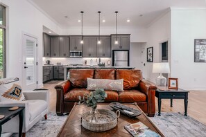 TV, fireplace, books, offices
