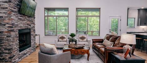 TV, fireplace, books, offices