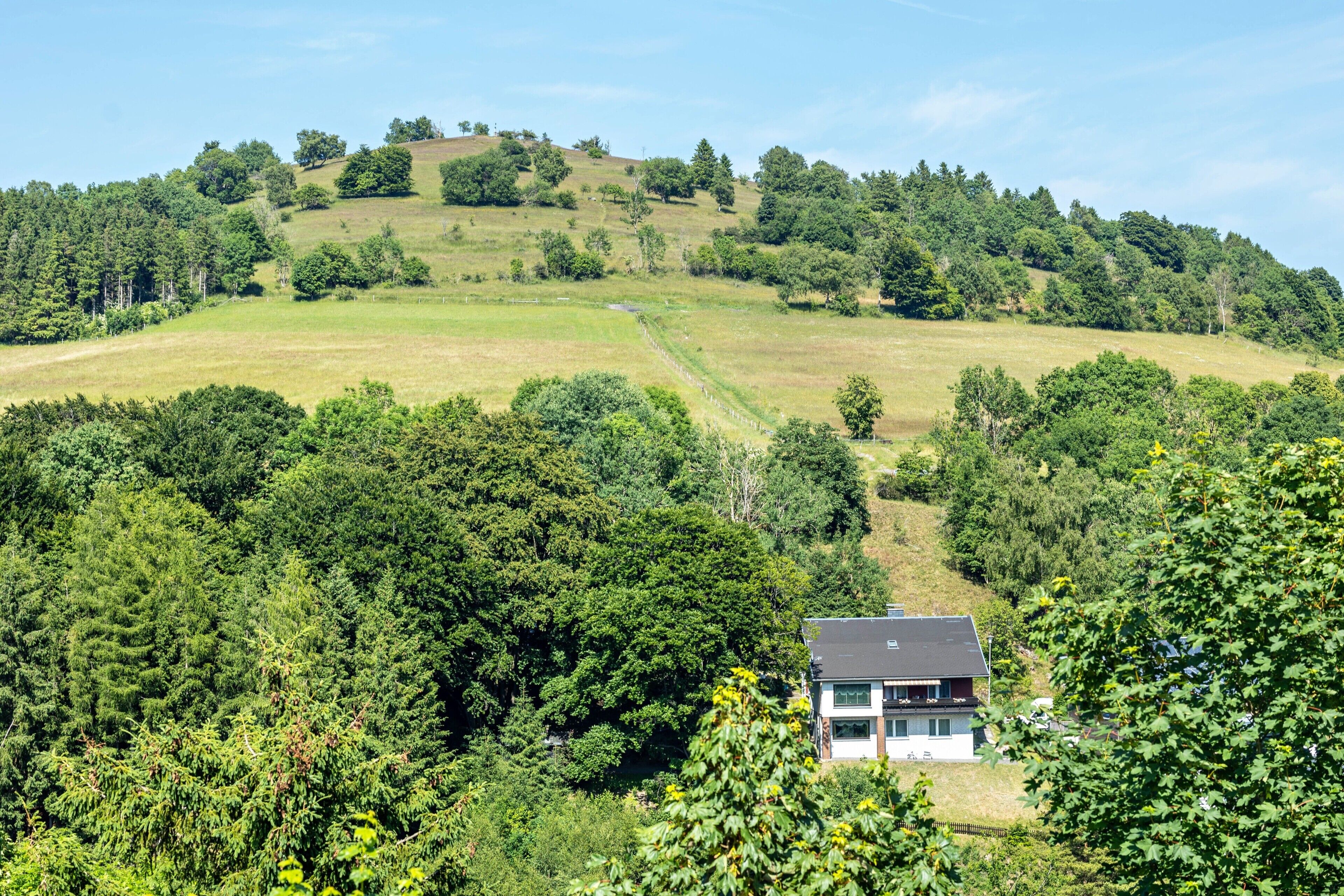 A house surrounded by lush greenery and hills.