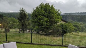 A grassy outdoor seating area with wicker furniture and a metal table, surrounded by a fence and trees. - Aux Fleurs des Champs (Lautenbach)